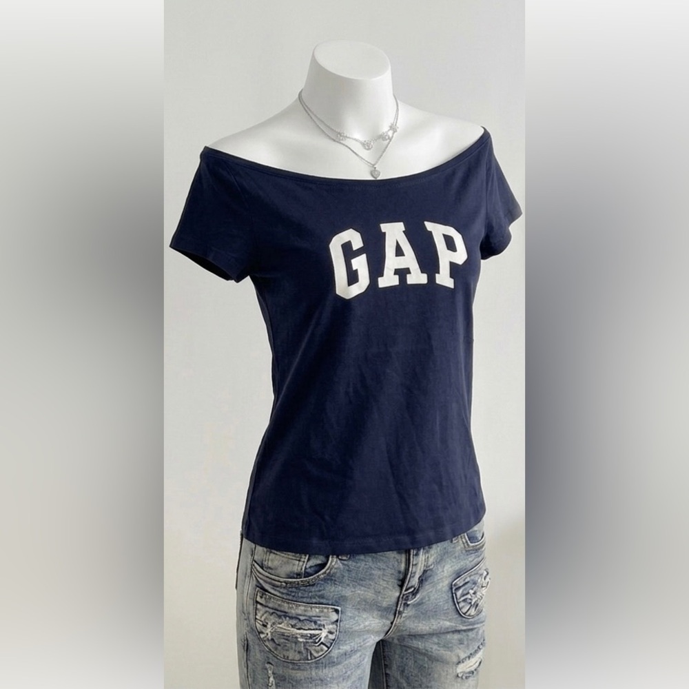 GAP Navy Blue Off-Shoulder Tee with White Logo